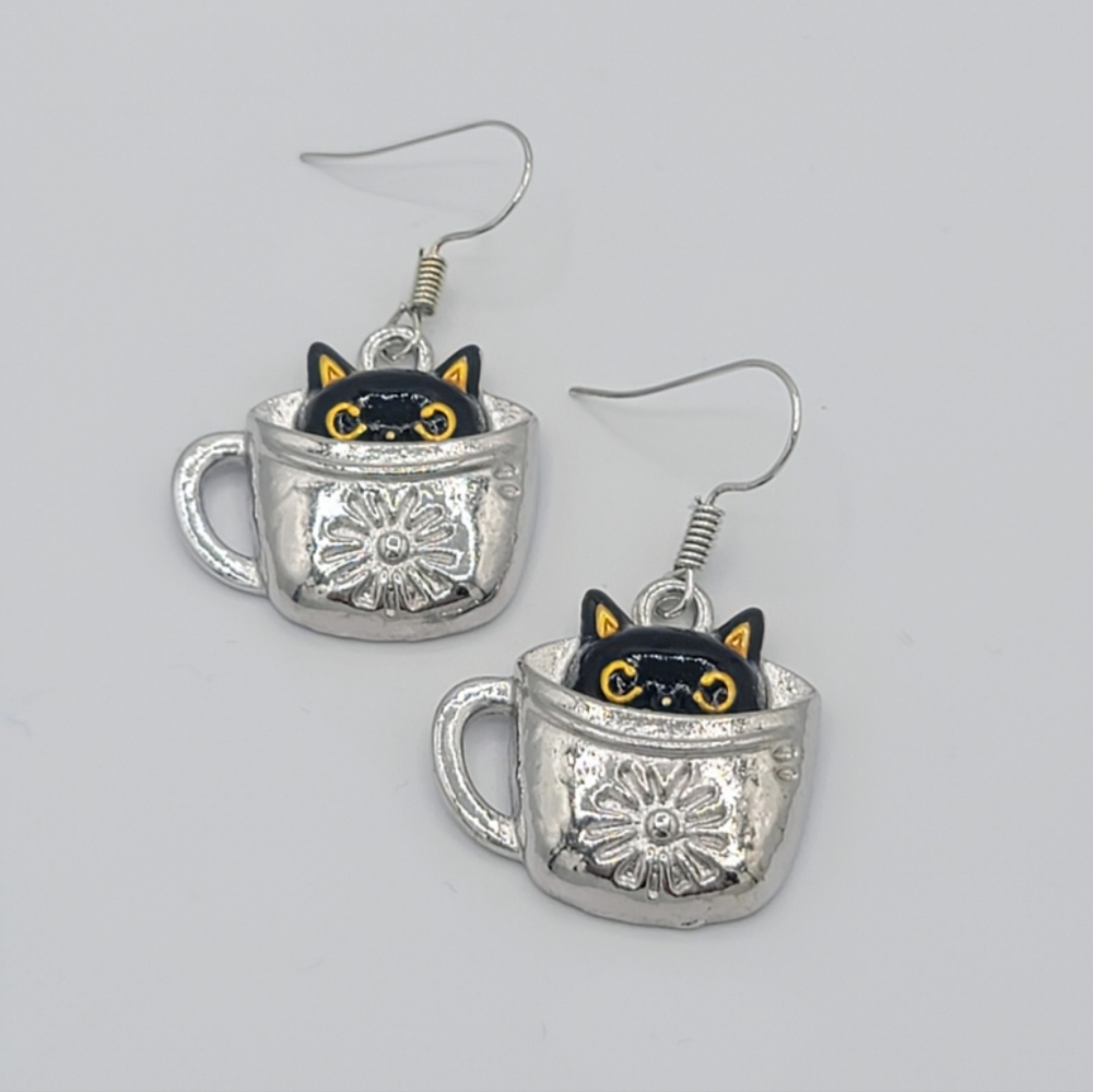 Whimsical Cat In Teacup Dangle Earrings Silver Tone Novelty Cute Gift Cozy
